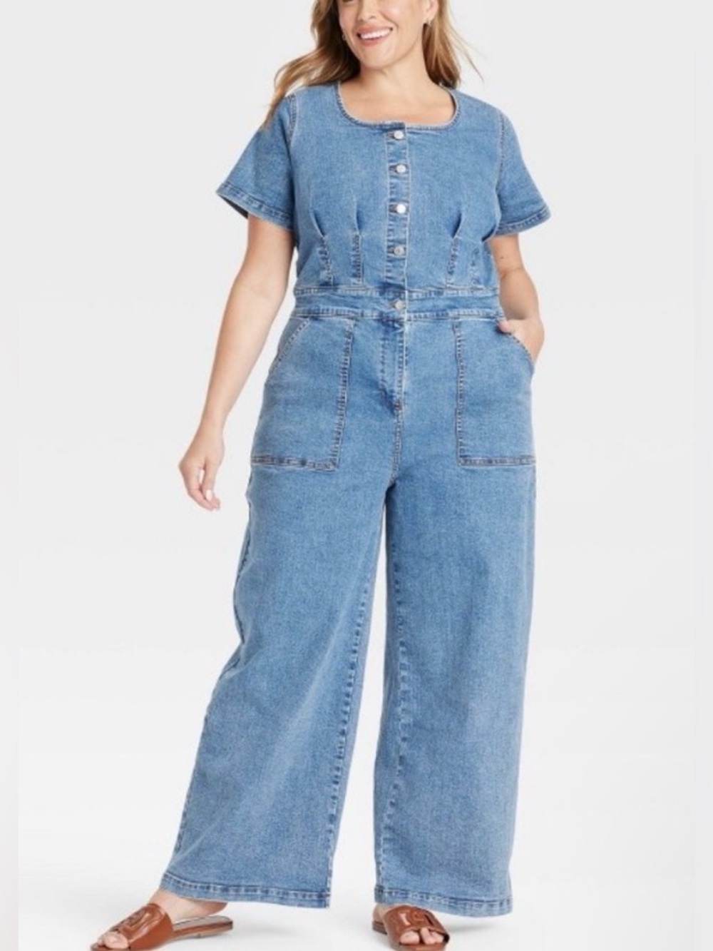 Ava & Viv short sleeve button-front denim jumpsuit Plus Size 20 & 24